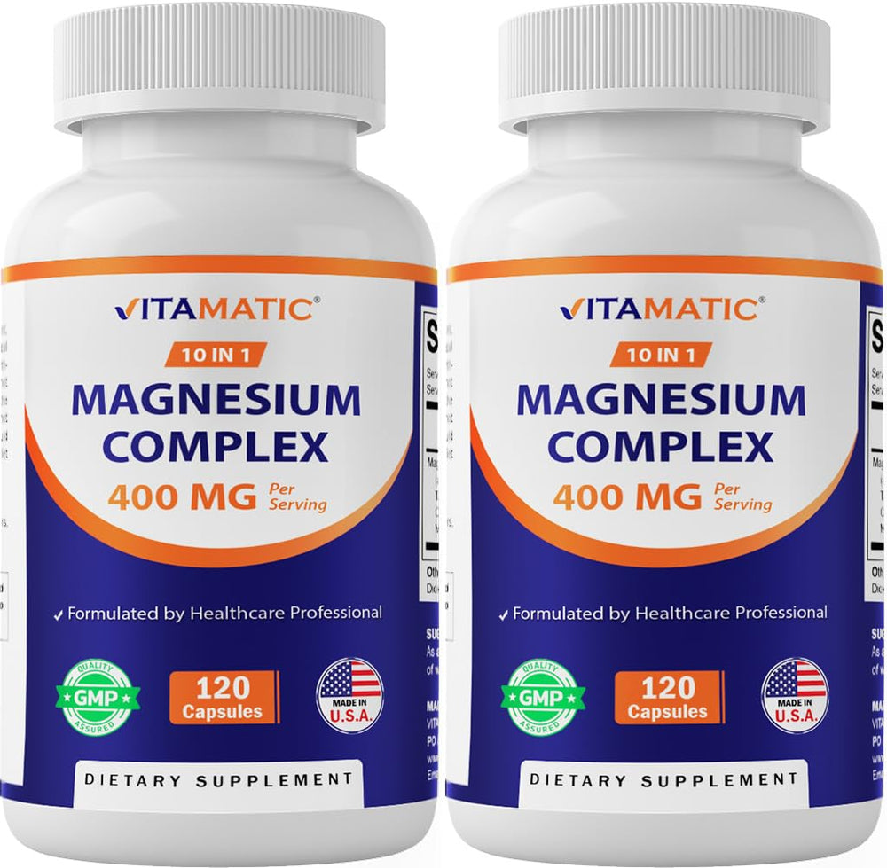 Vitamatic Magnesium Complex bottle label showing 400mg elemental magnesium blend