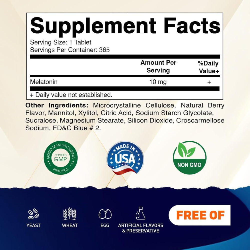 Vegetarian, non-GMO, gluten-free melatonin tablets
