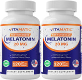 Front view of Vitamatic Melatonin 20 mg fast dissolve bottle with 120 tablets