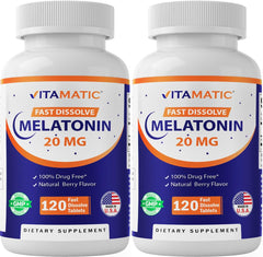 Front view of Vitamatic Melatonin 20 mg fast dissolve bottle with 120 tablets