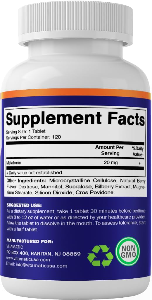 Arrangement of berry-flavored Melatonin 20 mg tablets