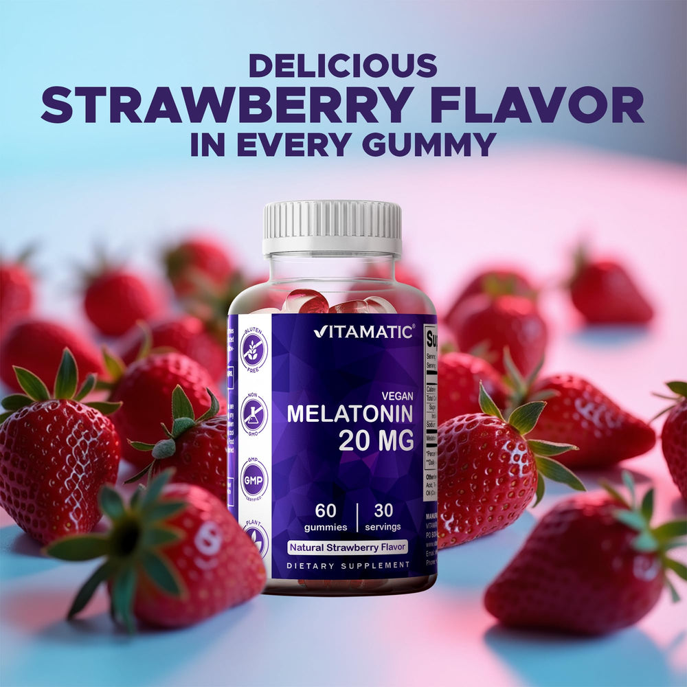 Package showing 60 vegetarian gummies for Vitamatic Melatonin Gummies (30 servings)