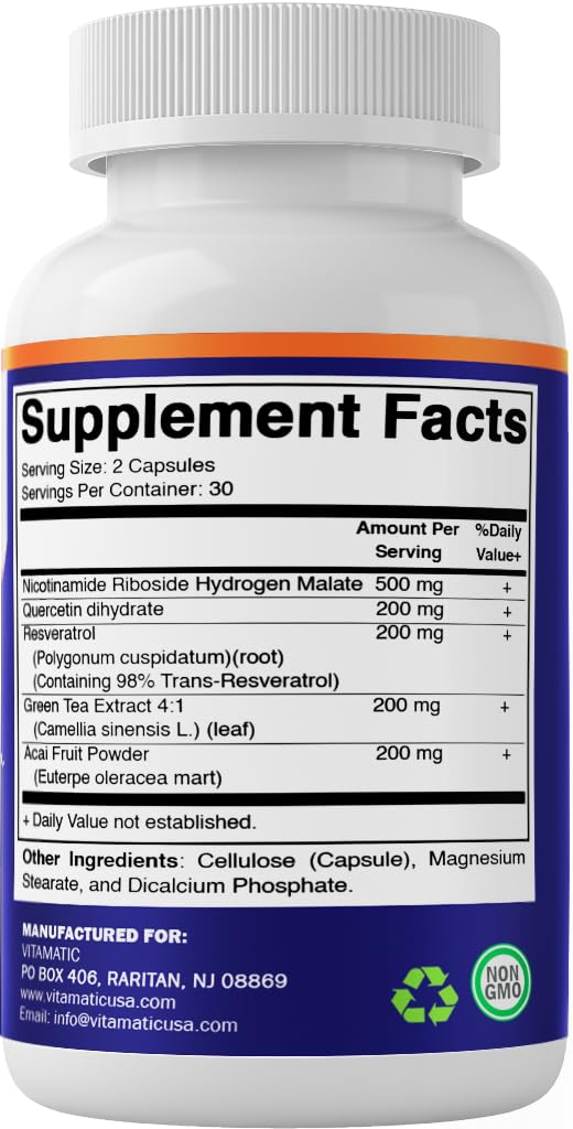 Product shot of Vitamatic NAD bottle with capsules around