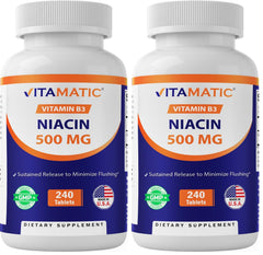 Vitamatic Niacin 500mg bottle and label