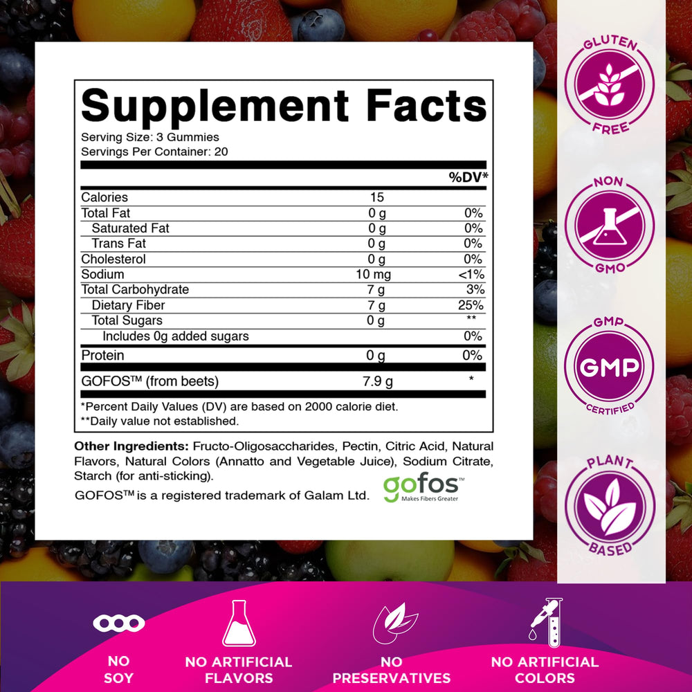 Gummies in natural blackberry, peach, and strawberry flavors