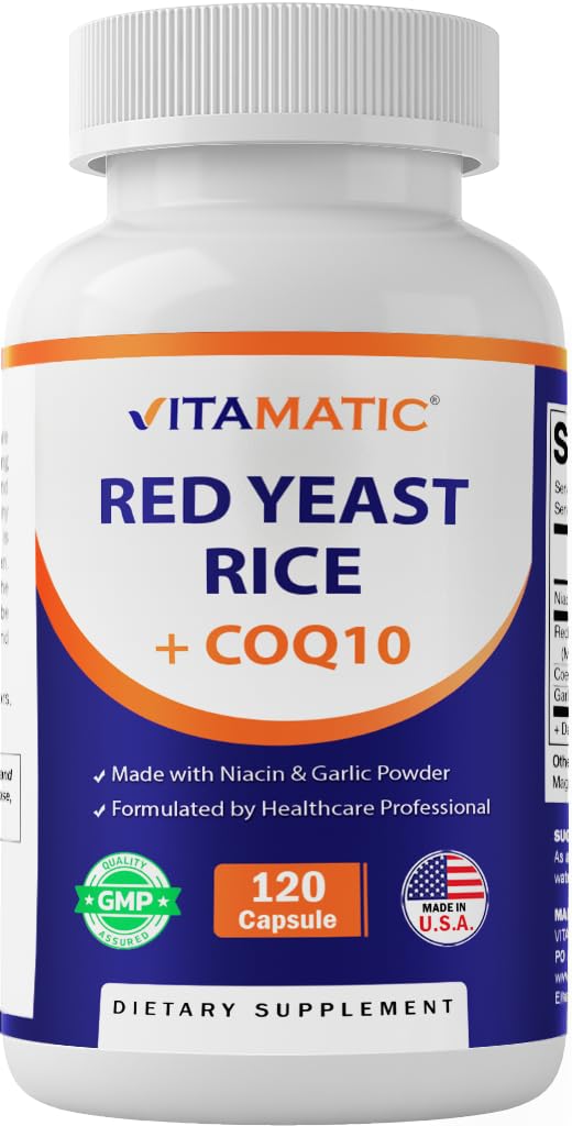 Vitamatic Citrinin-Free Red Yeast Rice 1200 mg bottle with CoQ10 and garlic powder