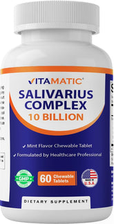 Vitamatic Salivarius Complex bottle with 60 mint-flavored chewable tablets