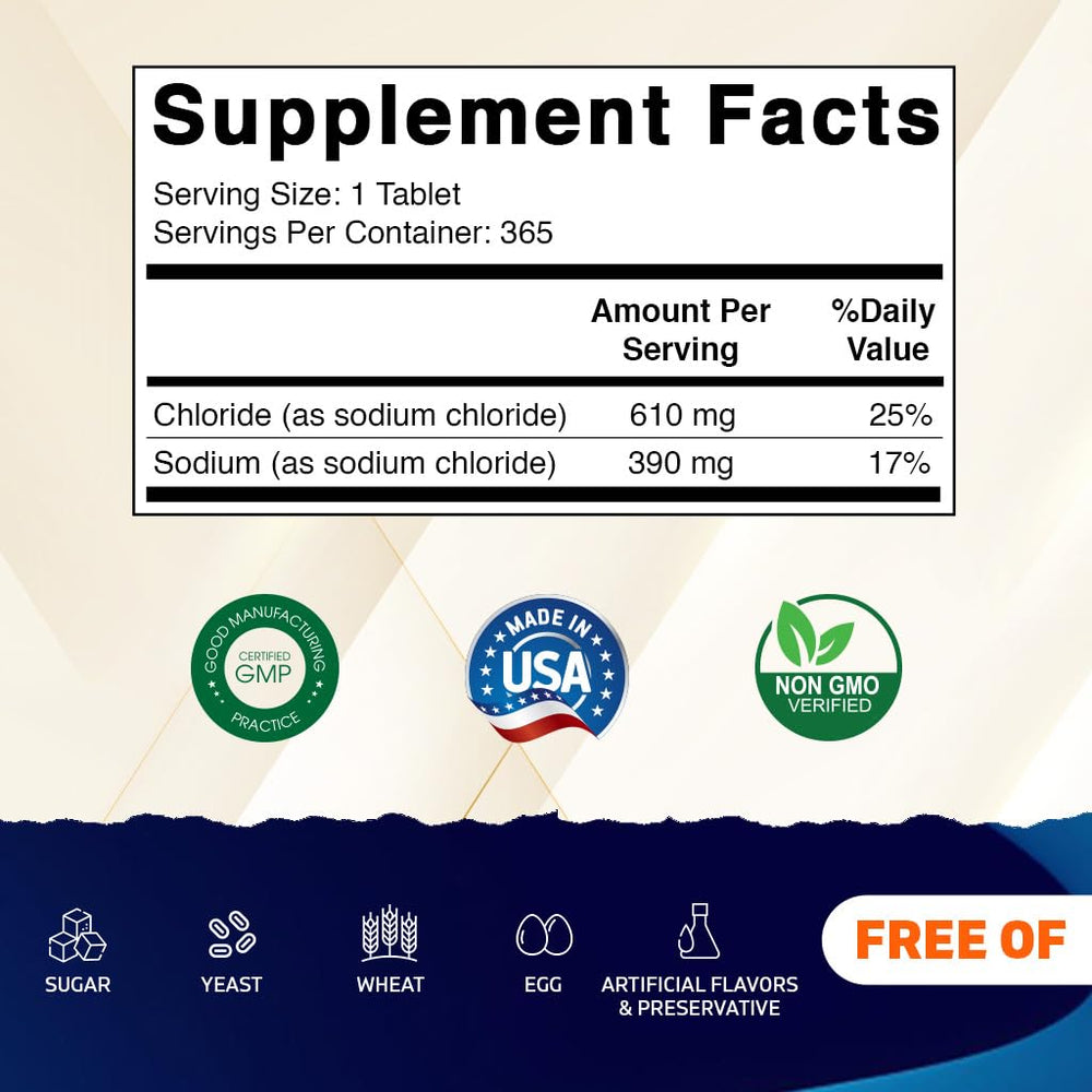Close-up of Vitamatic 1000mg sodium chloride tablets beside bottle