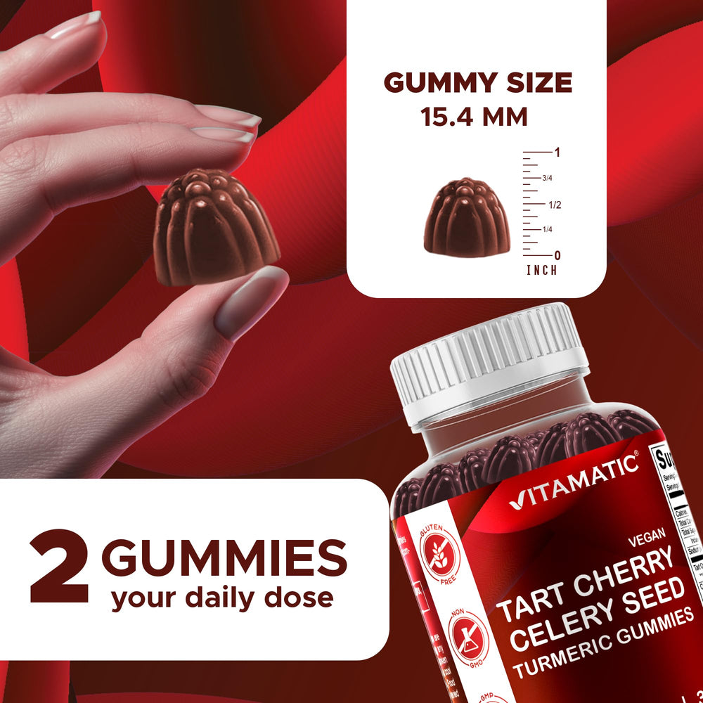 Gummies with tart cherry and celery seed flavor emphasis