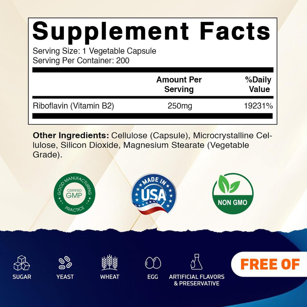 Back label of Vitamatic Vitamin B2 Riboflavin bottle