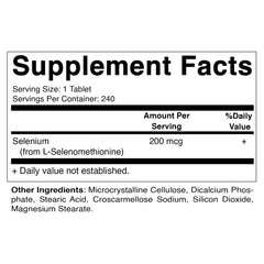 Close-up of selenium supplement tablet – Vitamatic 200mcg selenomethionine per-pack information