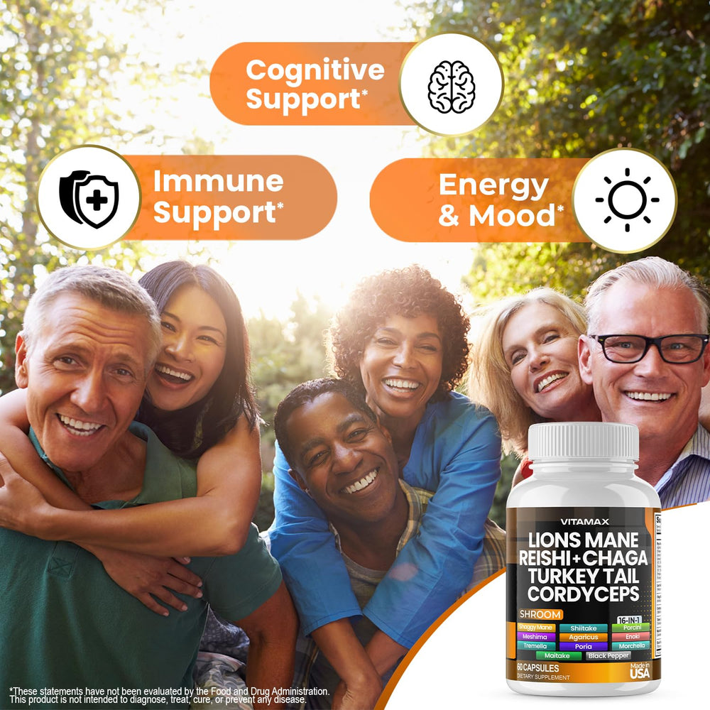 Assorted medicinal mushrooms including Lions Mane, Turkey Tail, Chaga and Reishi