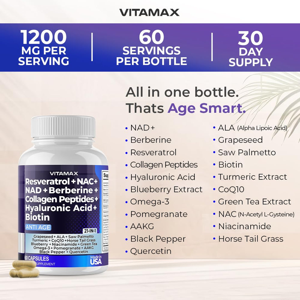 Capsules containing NAD+, Resveratrol, Berberine, and Hyaluronic Acid in Vitamax
