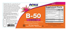 Nutritional label and capsules of Vitamin B-50mg 100 Capsules