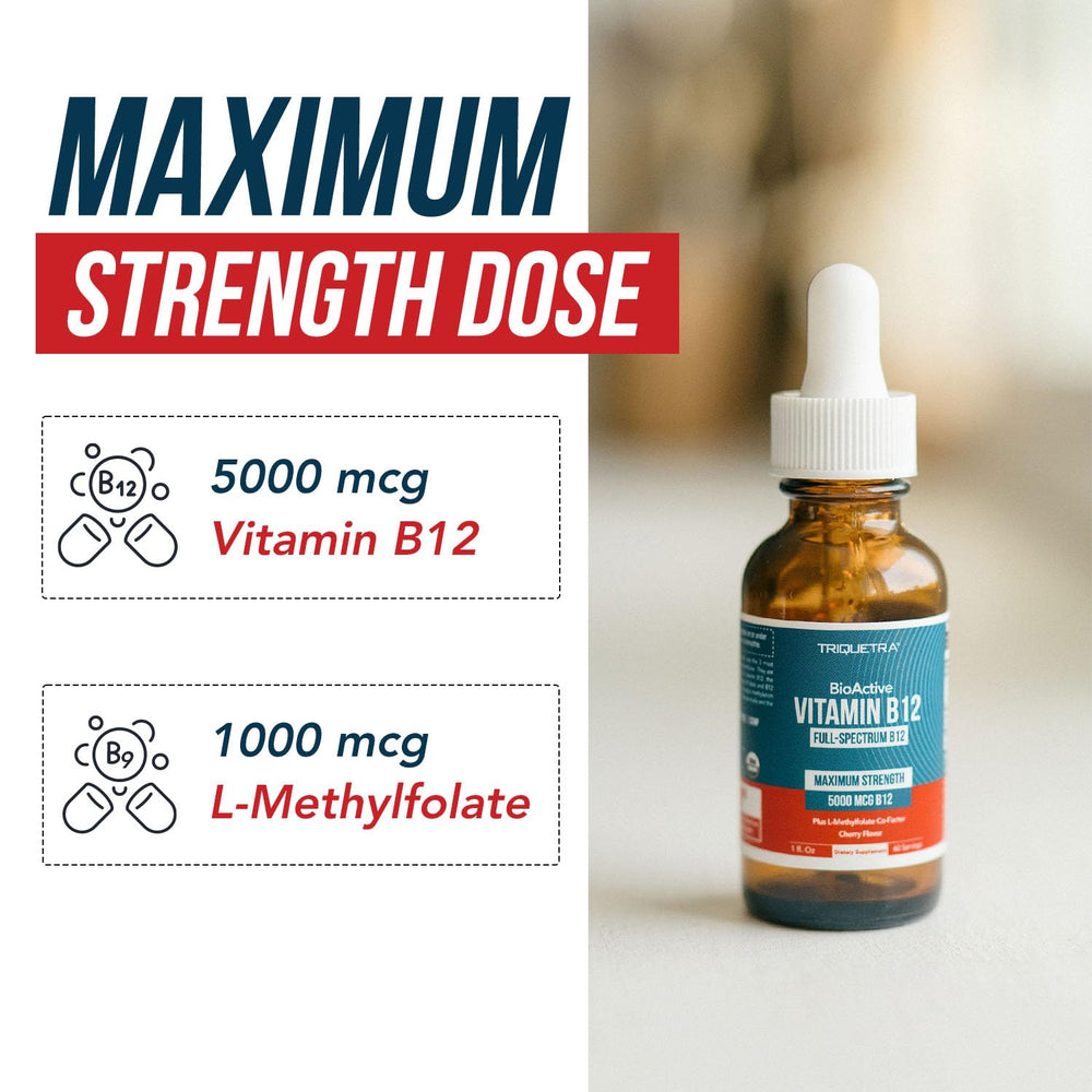 Packaging showing 5000 mcg B12 per serving on the label