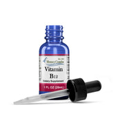 Bottle of Vitamin B12 liquid drops made in the USA with cyanocobalamin and 36 servings per container.