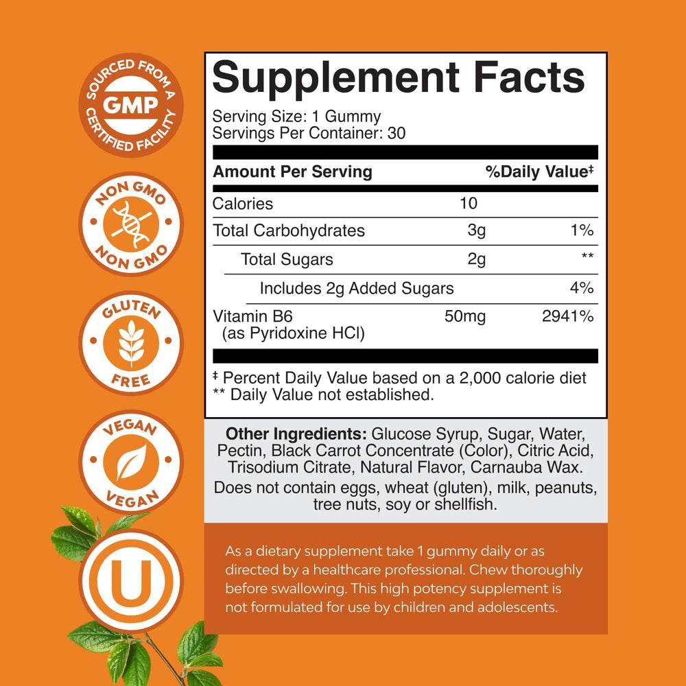 Close-up of Vitamin B6 gummies showing 50 mg pyridoxine per gummy