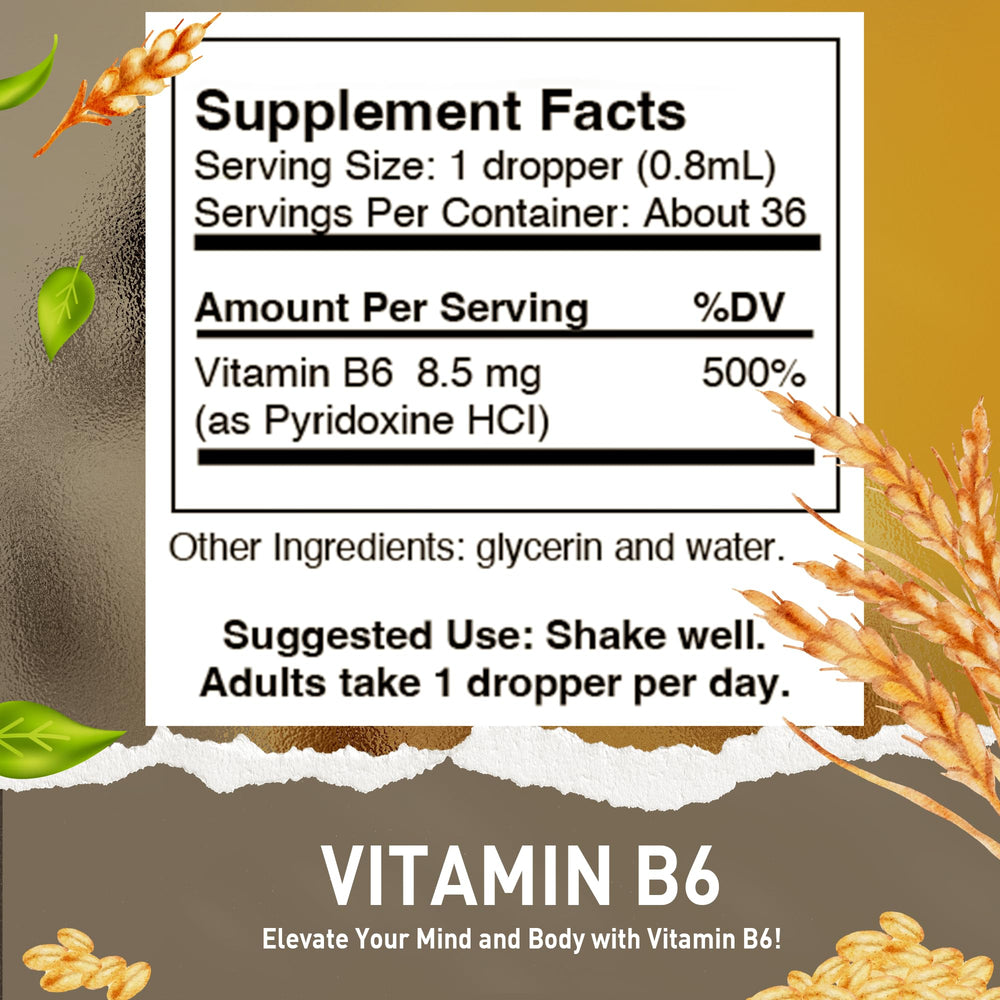 Side view of Vitamin B6 Pyridoxine liquid drops bottle