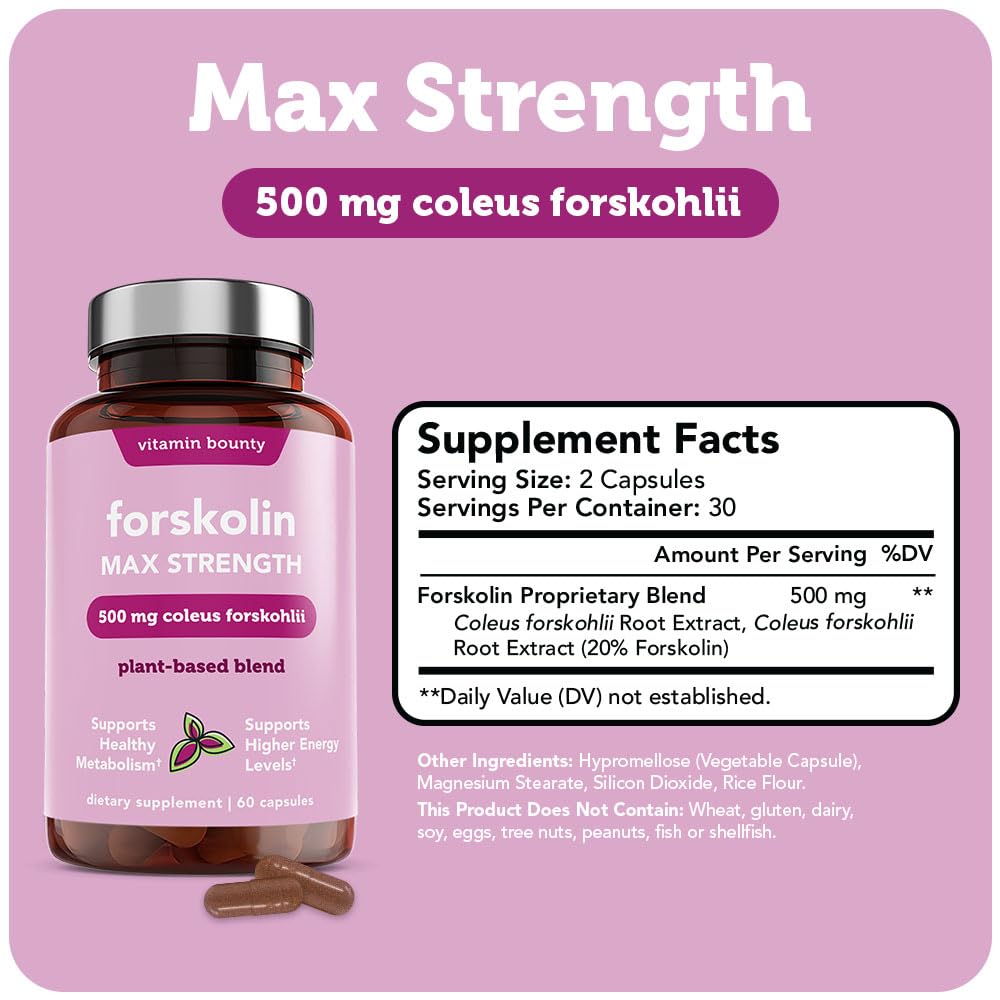 Vitamin Bounty Forskolin 20 percent standardized powder emphasizes premium potency for daily use.
