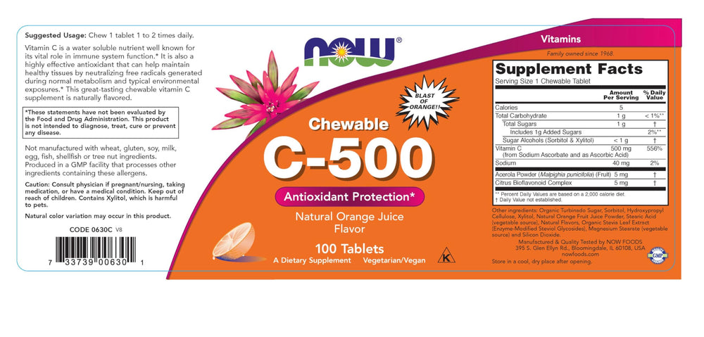 Close-up of Vitamin C-500 Chewable Orange label on bottle