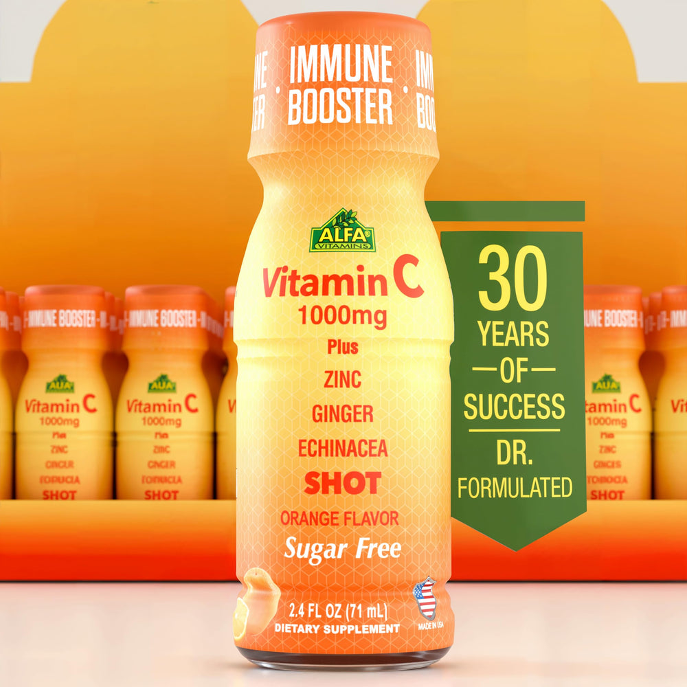 Front view of Vitamin C Shot 1000mg orange bottle