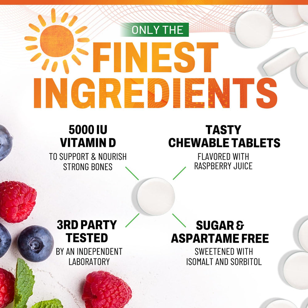 Vitamin D3 5000 IU raspberry chewables on white background