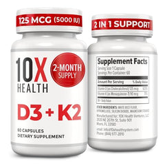 Bottle of 10X Health Vitamin D3 5000 IU + K2 MK-7