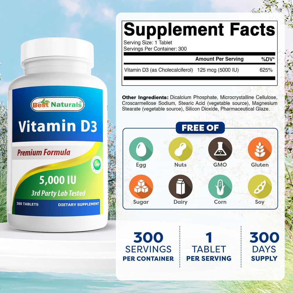 Front view of Best Naturals Vitamin D3 5000 IU bottle