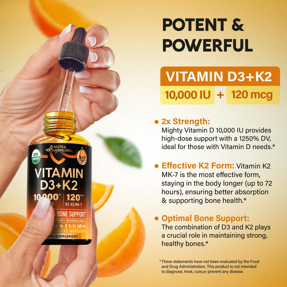Close-up of orange flavor Vitamin D3 K2 liquid