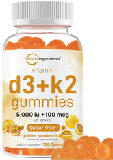 Bottle of Vitamin D3 K2 Gummies Golden Passion Fruit Flavor – 120 count
