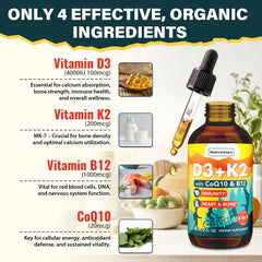 Ingredients panel showing Vitamin D3, K2 MK-7, CoQ10 and B12