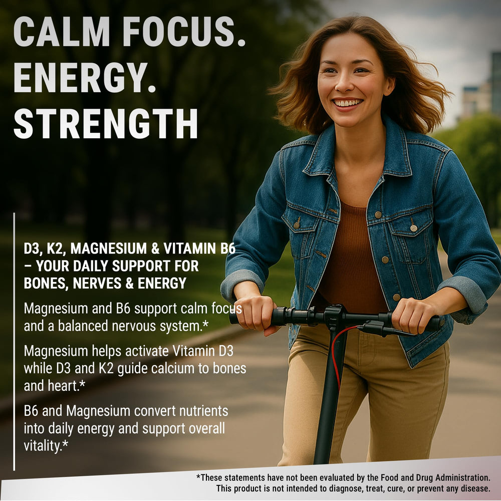 Front view of vegan non-GMO D3 K2 Magnesium supplement bottle