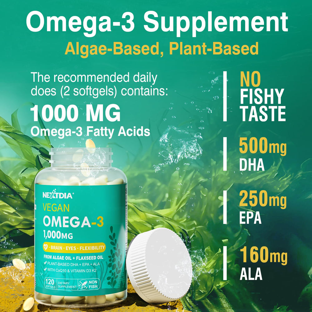 Vitamin D3 and K2 MK-7 vegan omega-3 supplement label