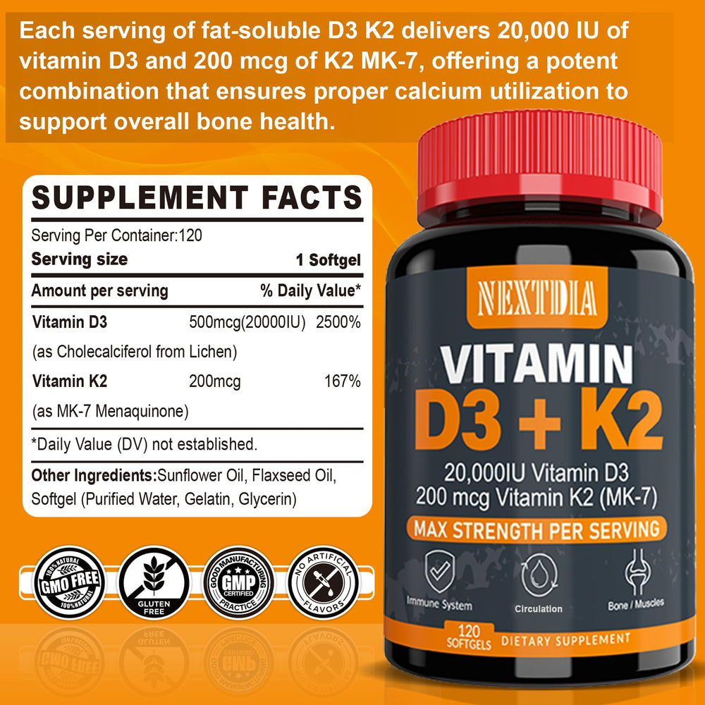 Close-up of Vitamin D3 and K2 softgels in bottle