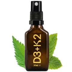 Front view of Vitamin D3 3000 IU and Vitamin K2 150 UG (MK7) oral spray bottle with peppermint flavor, 1 fl oz (30ml)
