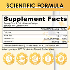 Label on Vitamin D3 K2 supplement bottle highlighting 5000 IU D3 and 200 mcg K2 MK-7