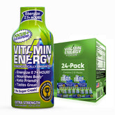Vitamin Energy blue raspberry shot bottle label highlights sustained focus