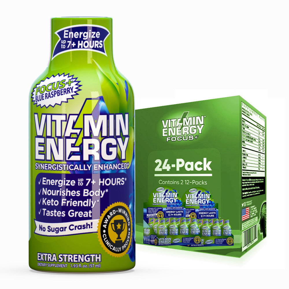 Vitamin Energy blue raspberry shot bottle label highlights sustained focus