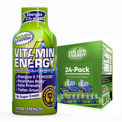 Vitamin Energy blue raspberry shot bottle label highlights sustained focus
