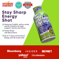 Close-up of Vitamin Energy shot showing caffeine flow powering focus