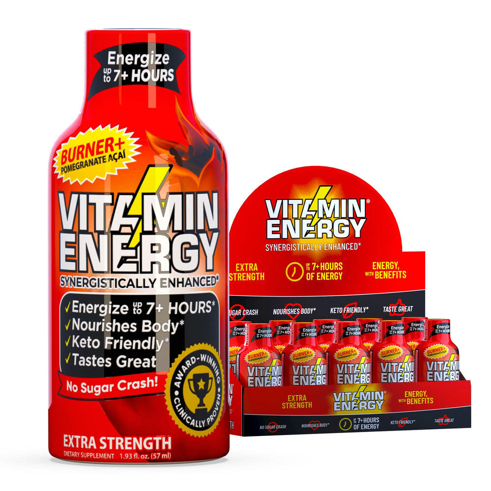 Box of Vitamin Energy Burner+ Extra Strength Energy Shot Pomegranate Acai 10 Pack