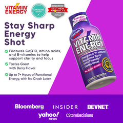 Vitamin Energy Focus+ Berry glass shows the shot ready to sip before a meeting