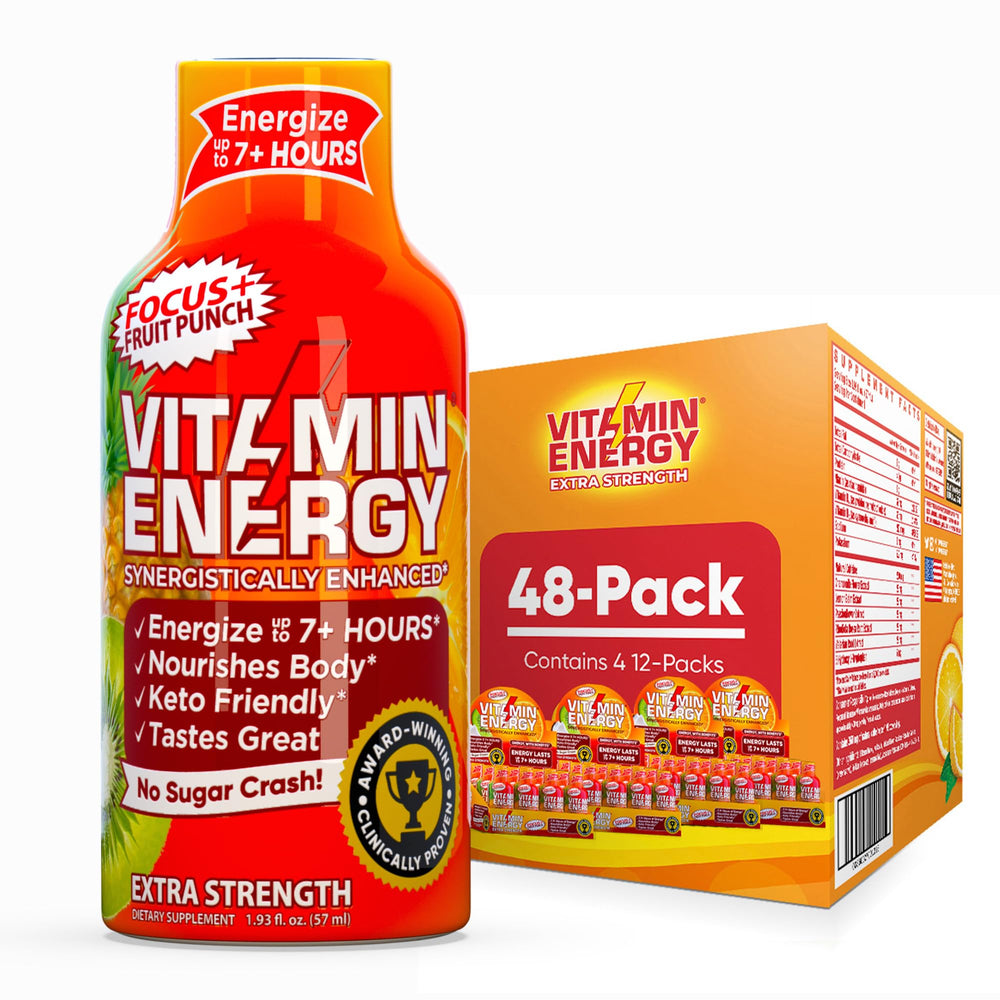 Vitamin Energy Focus+ Shot fruit punch bottle front offers a steady energy boost.