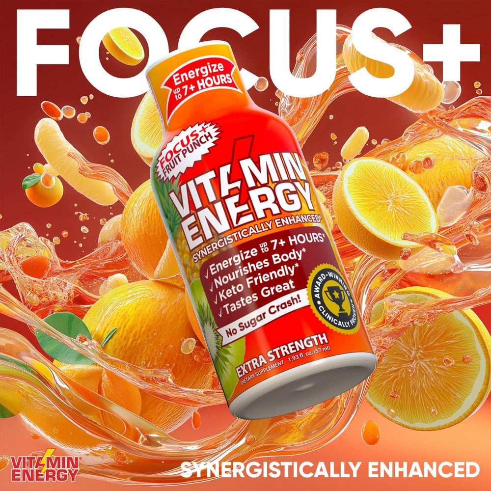 Vitamin Energy Focus+ nutrition panel image hints at B-vitamins supporting energy metabolism.