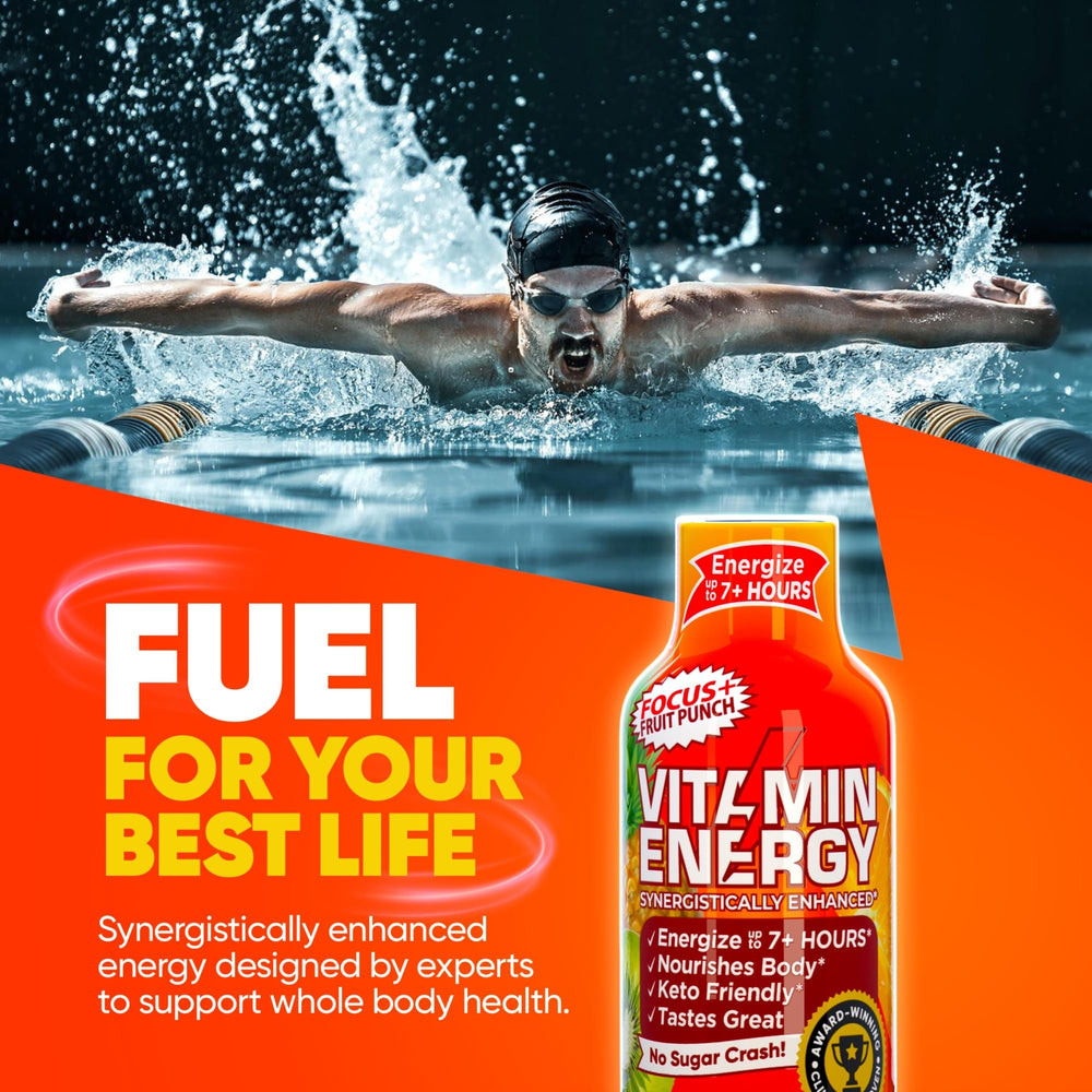Vitamin Energy Focus+ shot on desk suggests long-lasting energy for work sessions.