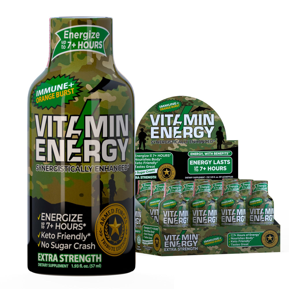 Vitamin Energy Immune+ Army Orange energy shot bottle – front view