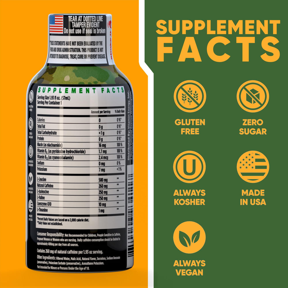 Close-up of 260mg natural caffeine and B-vitamins on label