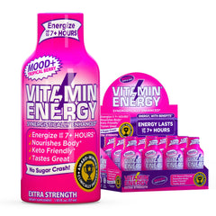 Vitamin Energy Mood+ Extra Strength Energy Shot Tropical Berry bottle pour for quick energy on the go