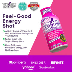 Vitamin Energy Mood+ Extra Strength Energy Shot Tropical Berry ingredients blend highlights rhodiola and chamomile