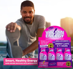 Vitamin Energy Mood+ Extra Strength Energy Shot Tropical Berry travel-pack sits ready in a bag